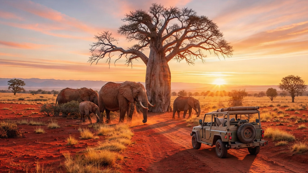 Safari jeep in Tsavo East National Park Kenya during sunset with elephants in the background