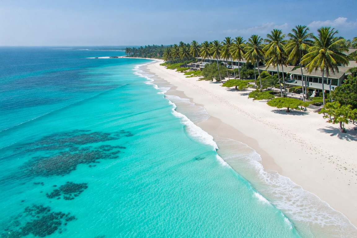 Aerial view of Garoda Beach Watamu Kenya with turquoise water and white sand